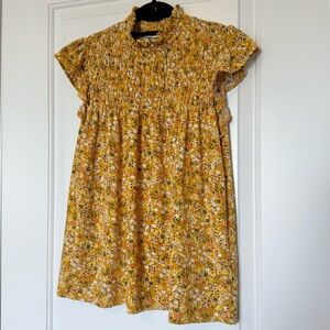 Kaily K Yellow Floral top with flutter sleeves mock neck, smocked ruching Small